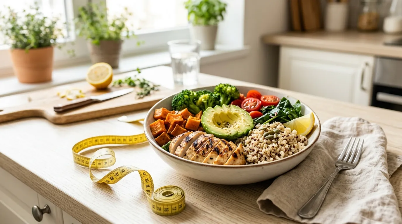 Healthy meal with calorie counting concept
