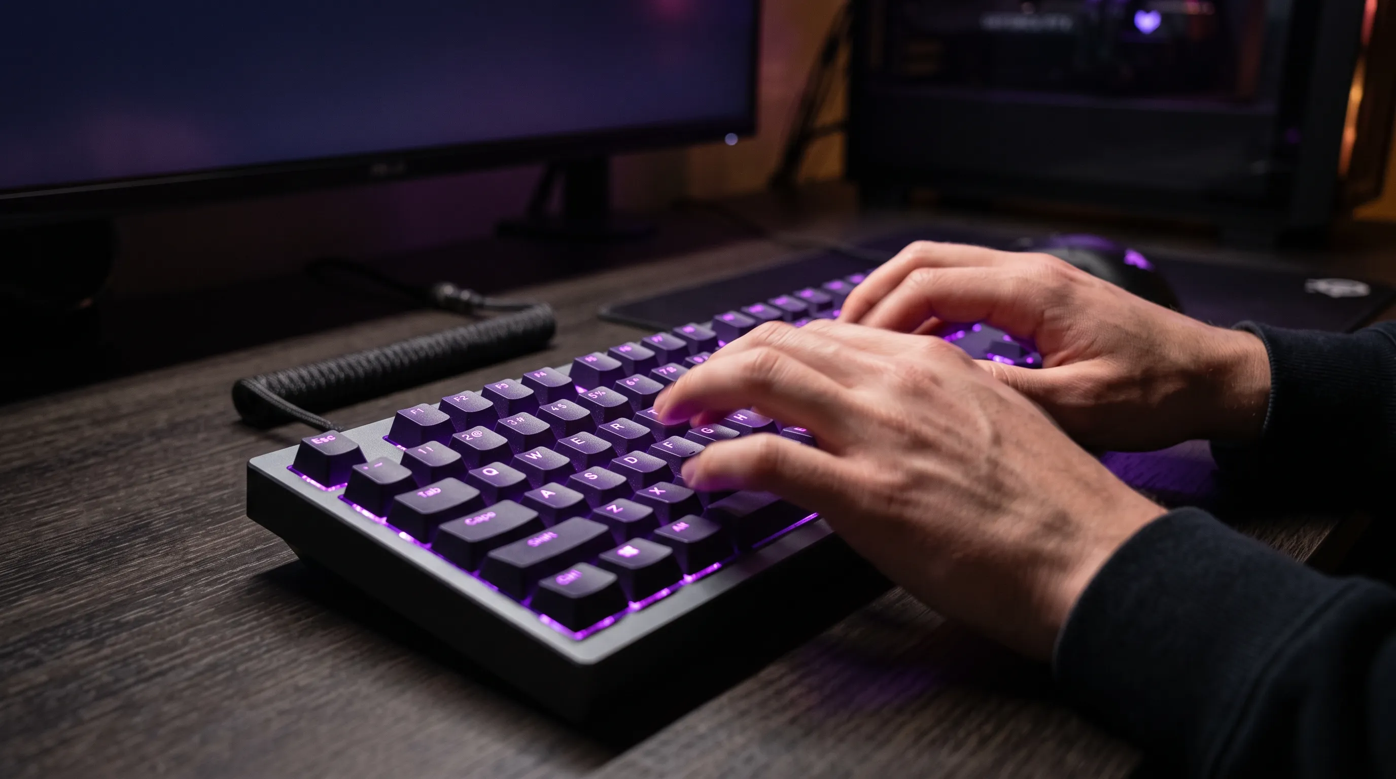 Hands typing fast on backlit keyboard